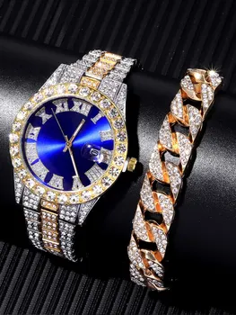 2tk Mood Täielik Luksus Teemant Terasest Bänd Kalender-Rooma Telg Meeste Terasest Bänd Quartz Watch Teemant Kett Käevõru Komplekt