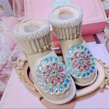 Mood sügisel ja talvel niši uus Jaapani magus tutt inkrusteeritud diamond lühike toru naiste korter mugav lumi saapad cott
