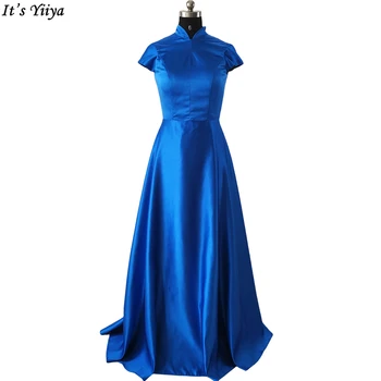 See on Yiiya Kõrge Kaeluse õhtukleit Royal Blue Satiin-Line Lühikeste Varrukatega Põranda-Pikkus Pluss suurus Partei Ametlik Kleidid Naine B1182