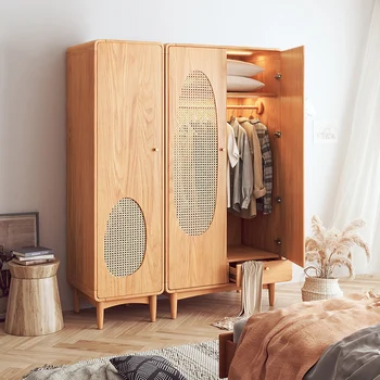 Täispuidust riidekapp, väikeste kodumasinate magamistuba säilitamise kapp, lihtne ja kaasaegne ladustamine, Nordic punutud rotangist suur riidekapp
