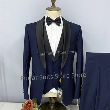 2023 Uus Tumesinine Pulma-Ülikond Meeste Slim Fit Must Sall Ühe Rinna Peigmees Tuxedos 3 Tk Luxuly Meeste Pintsak Kostüüm Homme