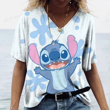 2023women uut suve mood Disney Stitch Liluo 3D trükitud lühikeste varrukatega T-särk naiste V-kaeluse casual stiilis jakk