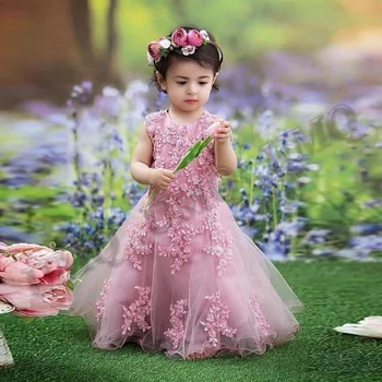 Fancy Appliques Tume Roosa Väikelapse Flower Girl Kleidid Helmed Sünnipäeva Kostüümid Pulmapiltide Kleit Kohandatud Tilk Laevandus
