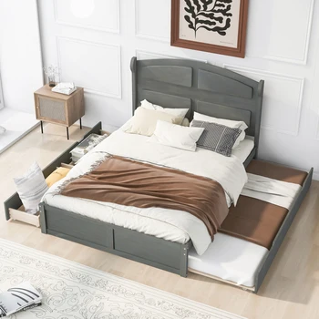 Puit Queen Size voodi,Kaasaegne lihtne Platvorm Voodi koos kahe Suurus Trundle ja 2 Sahtliga,Mitu Ruumi voodi,sobiks magamistuba