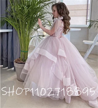 Põsepuna Roosa Tüll Printsess lilleneiu Kleit V Kaela Applique Pits Pikk Rong Kid Esimene Õhtusöömaaeg Kleit 1-16Years