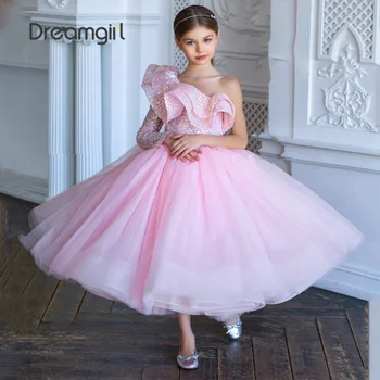 Sädelevat Pink Flower Girl Kleidid Pulmadeks Ehitud Ühe Õla Printsess Kleit Kid Võistlused Sünnipäeva Kleit Esimene Õhtusöömaaeg
