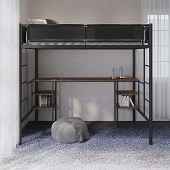 Võrkkiiged (juhatuse ja tekstuuri guardrail) voodi ja laud, mille desk, ruumi, üks voodi, turvatara