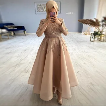 Šampanja Profileerimine Moslemi Tanssiaiset Kleidid, Kõrge Kaelus Pikk Varrukas Organza Ametliku Kleit Ruffles Seelik Pahkluu Pikkusega Kleit Saudi Araabia